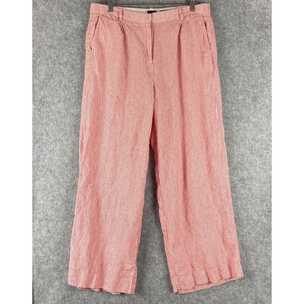 J.Crew Essential Wide Leg Linen Pant Womens 14 Red Striped Trouser High Rise - Picture 1 of 16